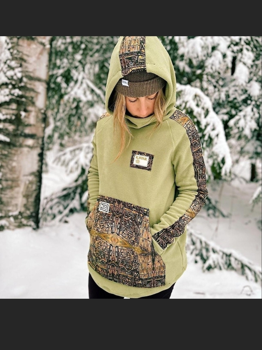 Handmade Olive Green Fleece Pullover Hoodie with Patterned Panels